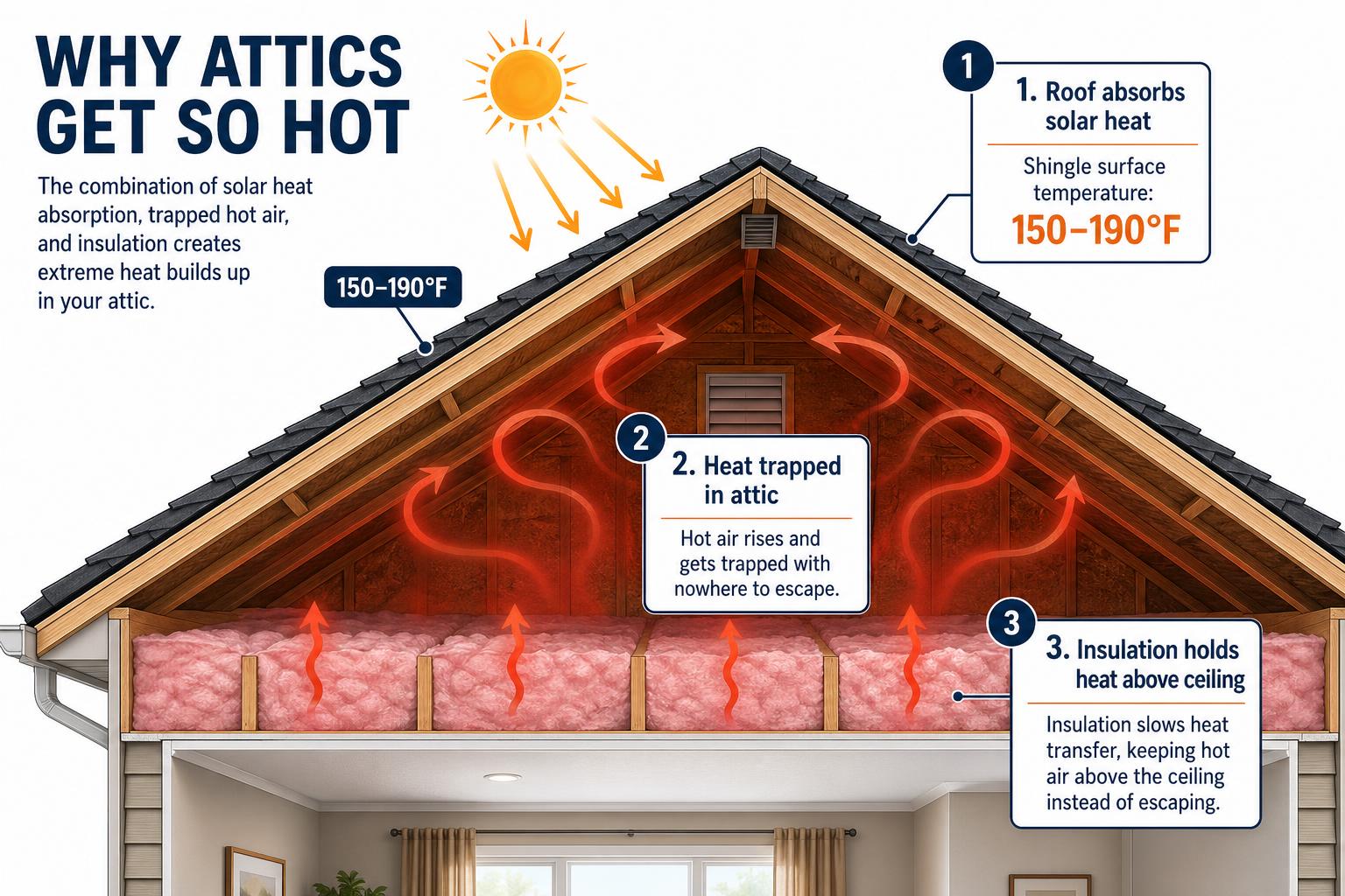 Illustration explaining why attics get hot during summer heat