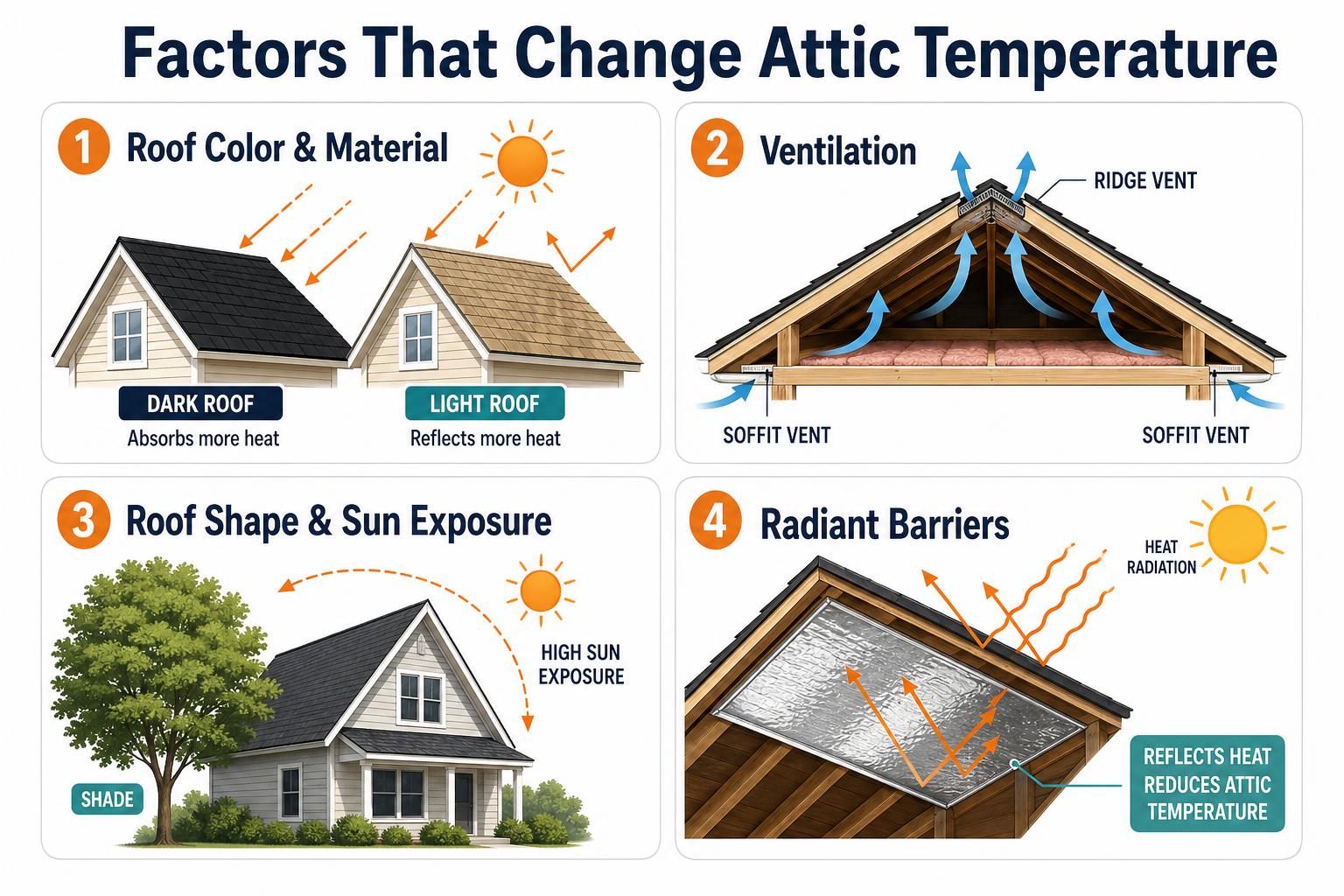 Factors that affect attic heat including roof color ventilation and sun exposure