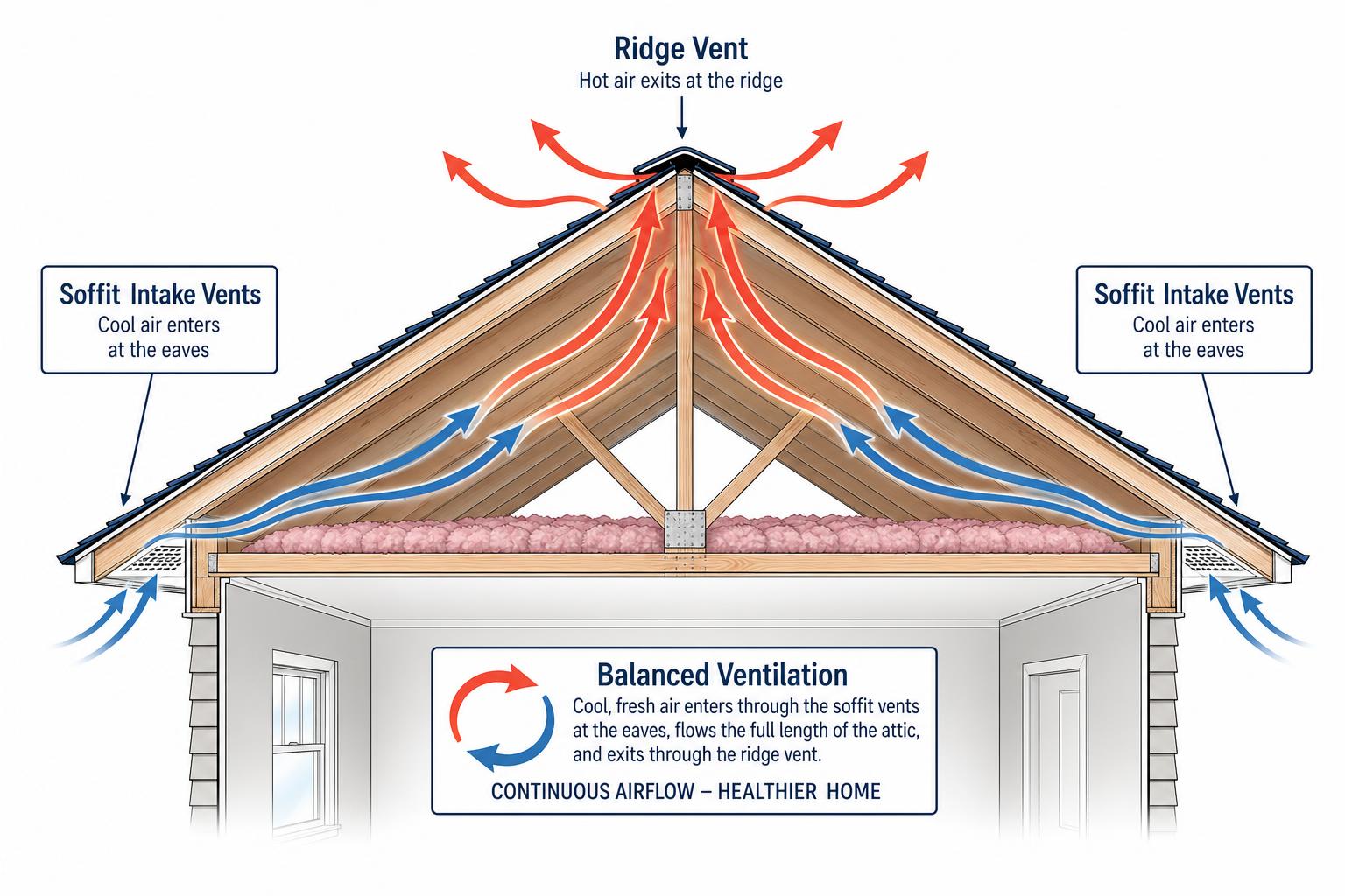Balanced attic ventilation diagram showing intake and exhaust airflow