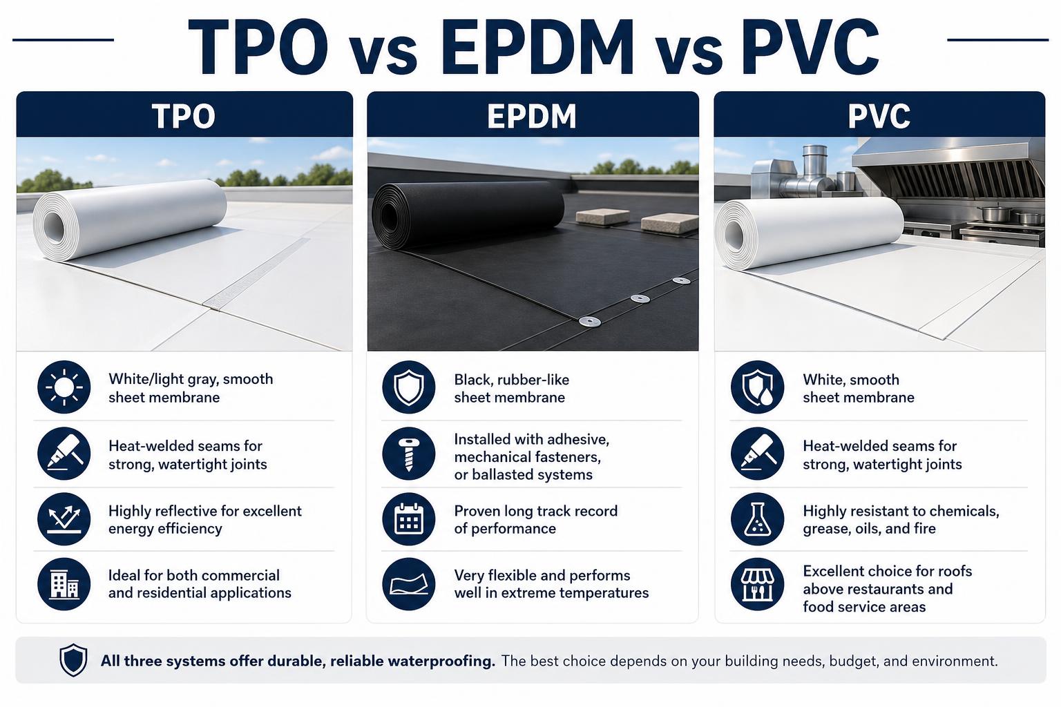 Single-ply membrane roofing types comparison showing TPO EPDM and PVC