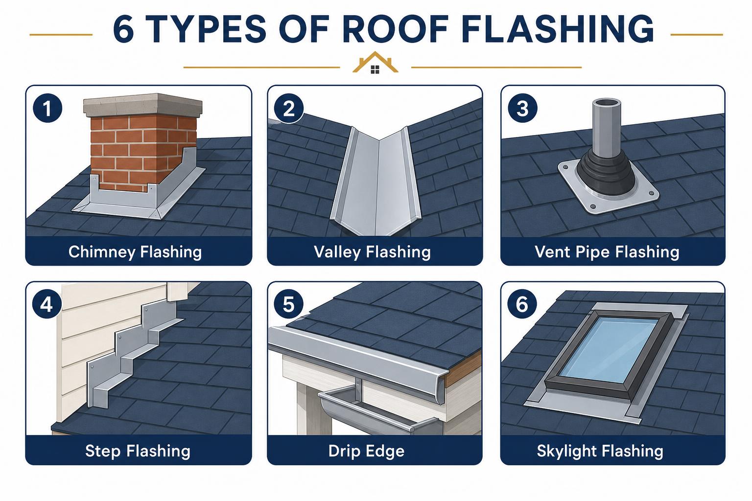 Diagram showing the different types of roof flashing and where they are installed