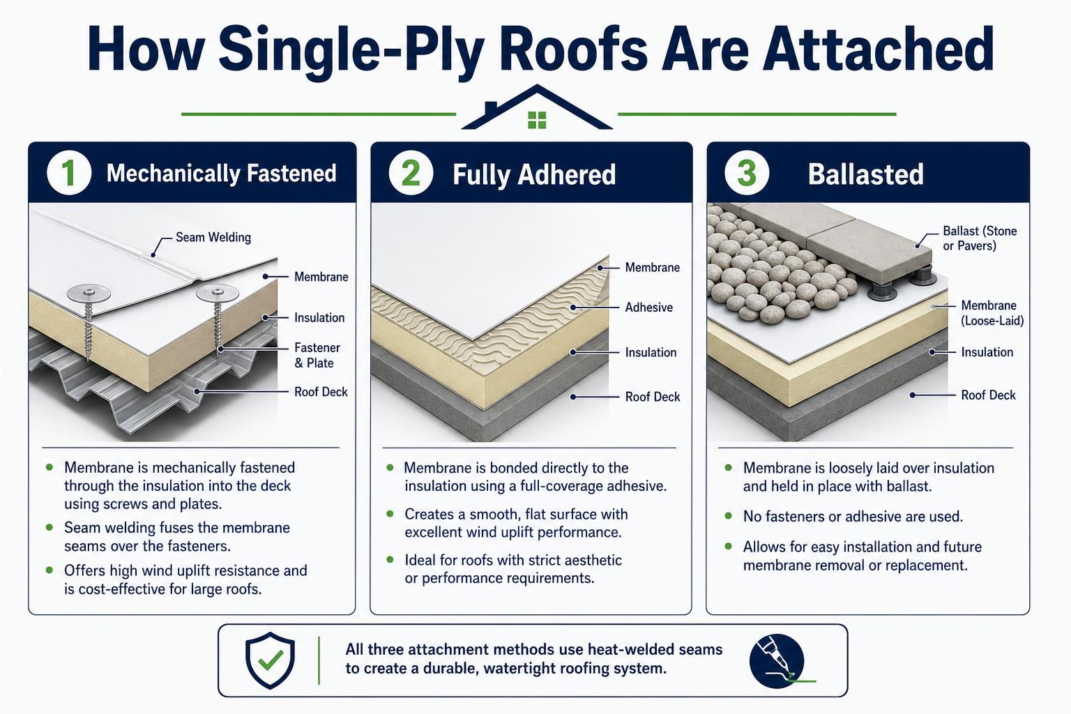 Single-ply membrane roofing attachment methods