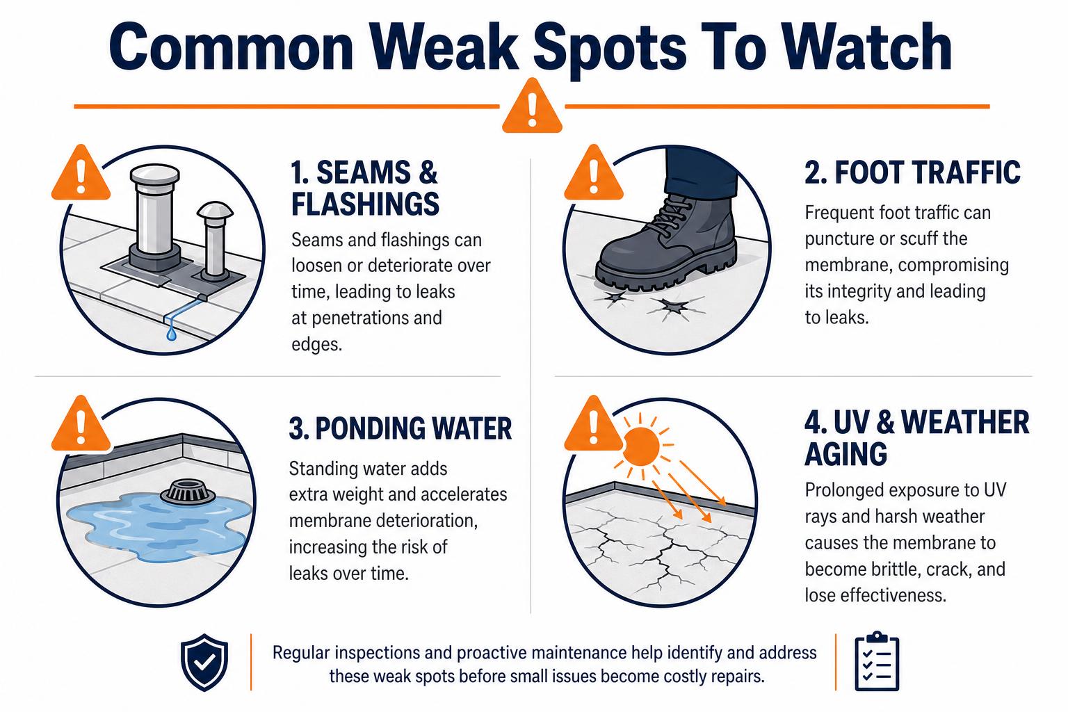 Common weak spots on single-ply membrane roofs