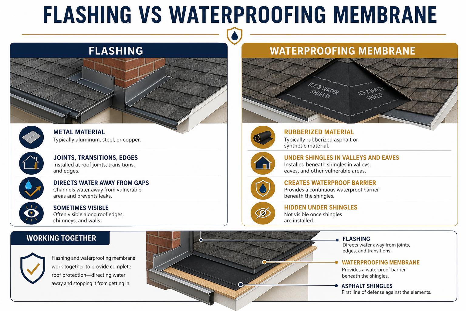 Side-by-side comparison of roof flashing and waterproofing membrane underlayment