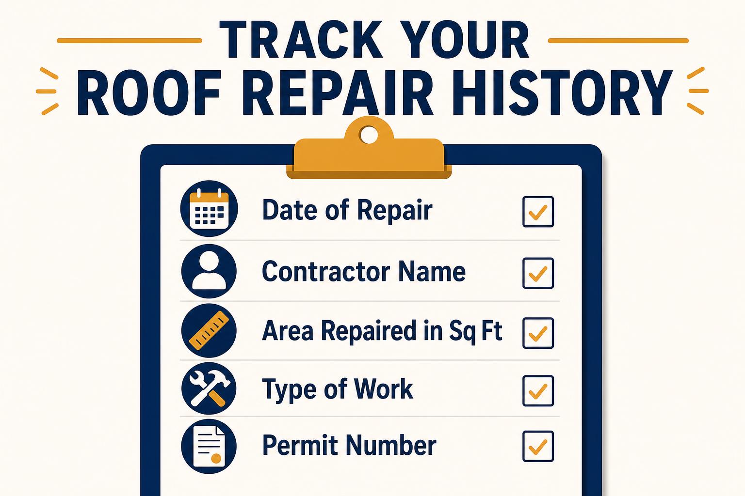 Simple roof repair tracking checklist showing date, contractor, area repaired, and running total toward the 25% threshold