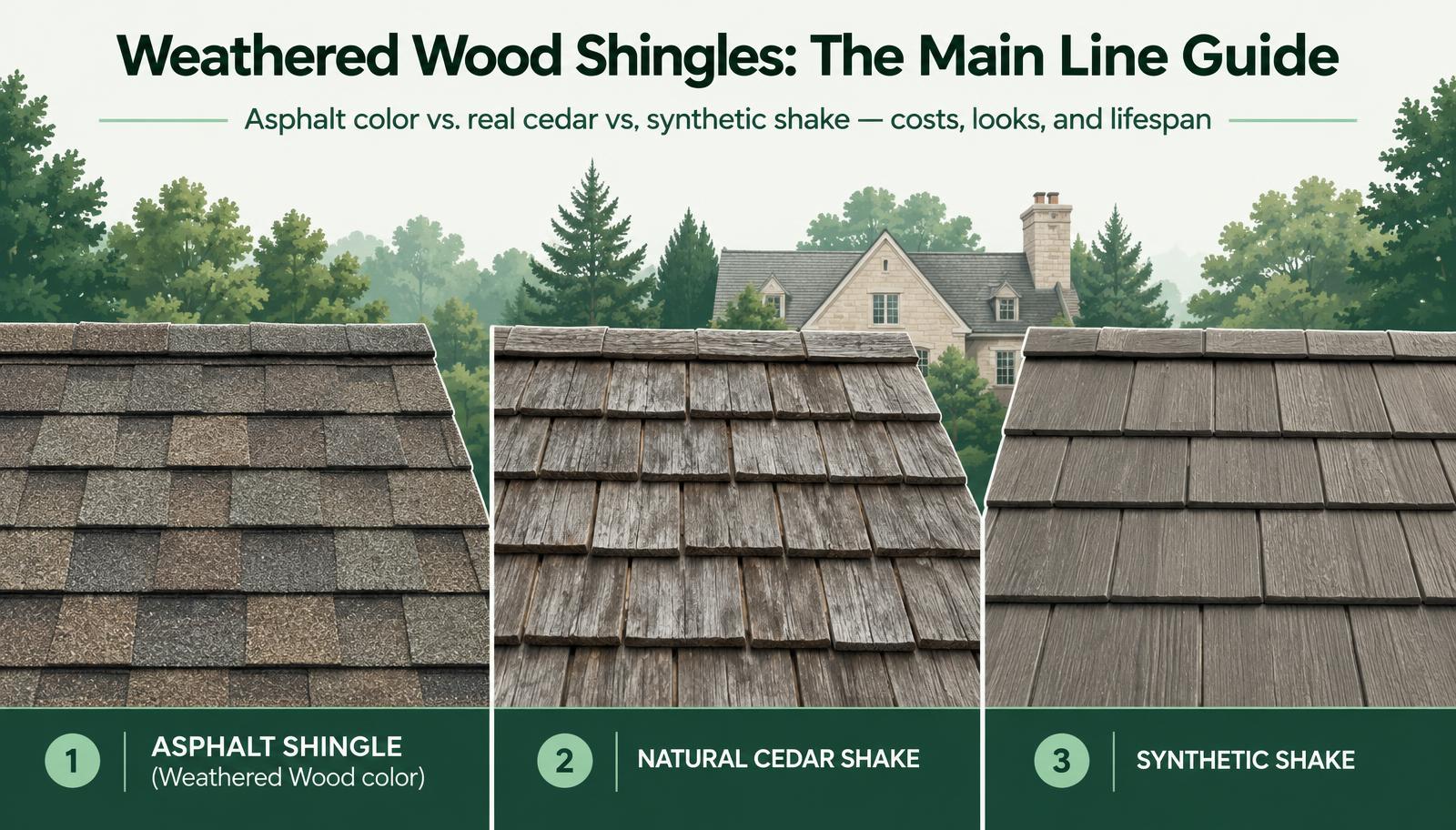 Weathered wood shingles on a Main Line PA home — GAF Timberline and CertainTeed Landmark guide