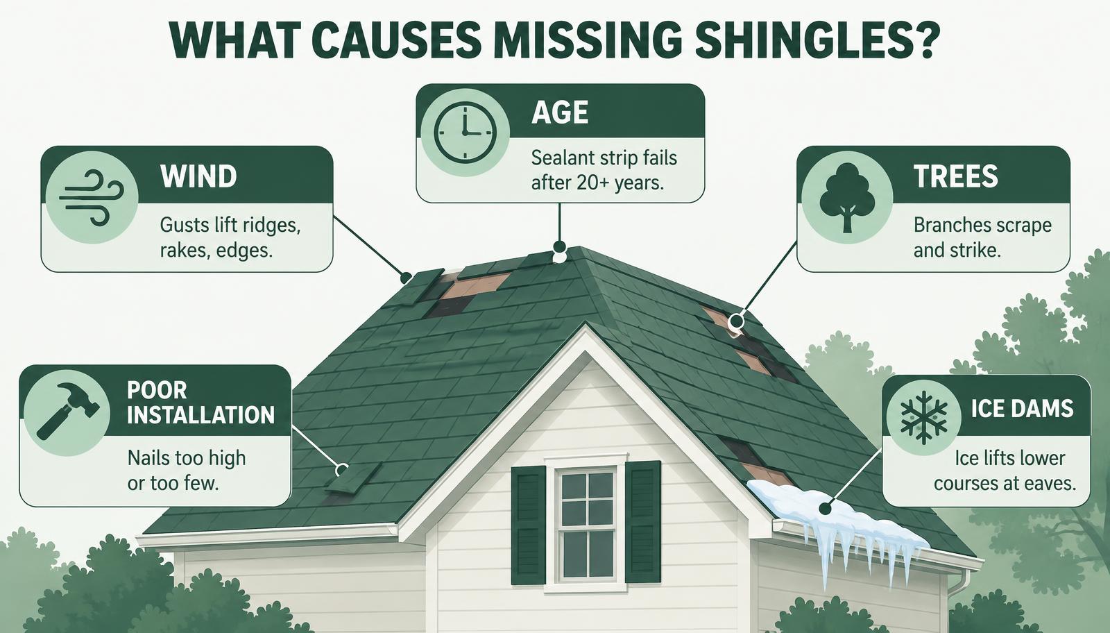 What causes missing shingles — wind damage, age, tree impact, and poor installation on Main Line PA roofs