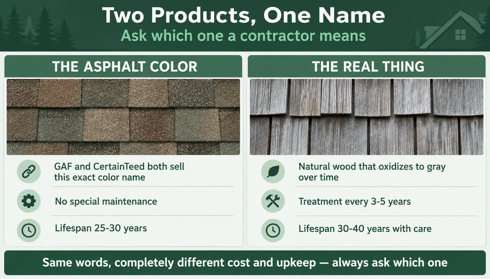 The two meanings of weathered wood shingles — asphalt color versus naturally weathered cedar shake
