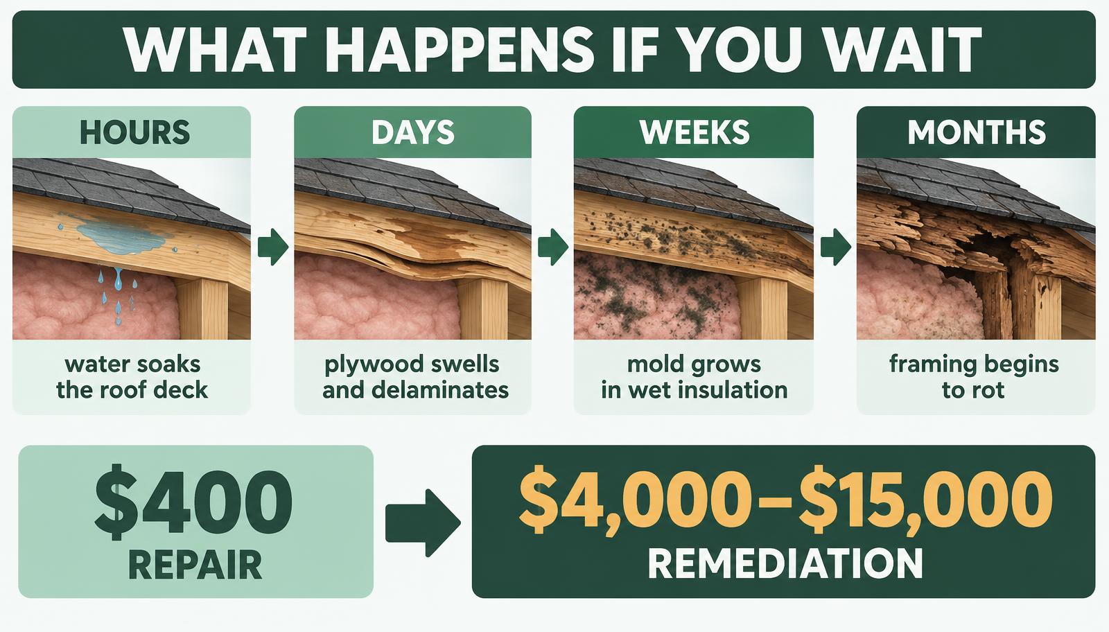 Cost of waiting to fix missing shingles — water damage timeline and escalating repair costs