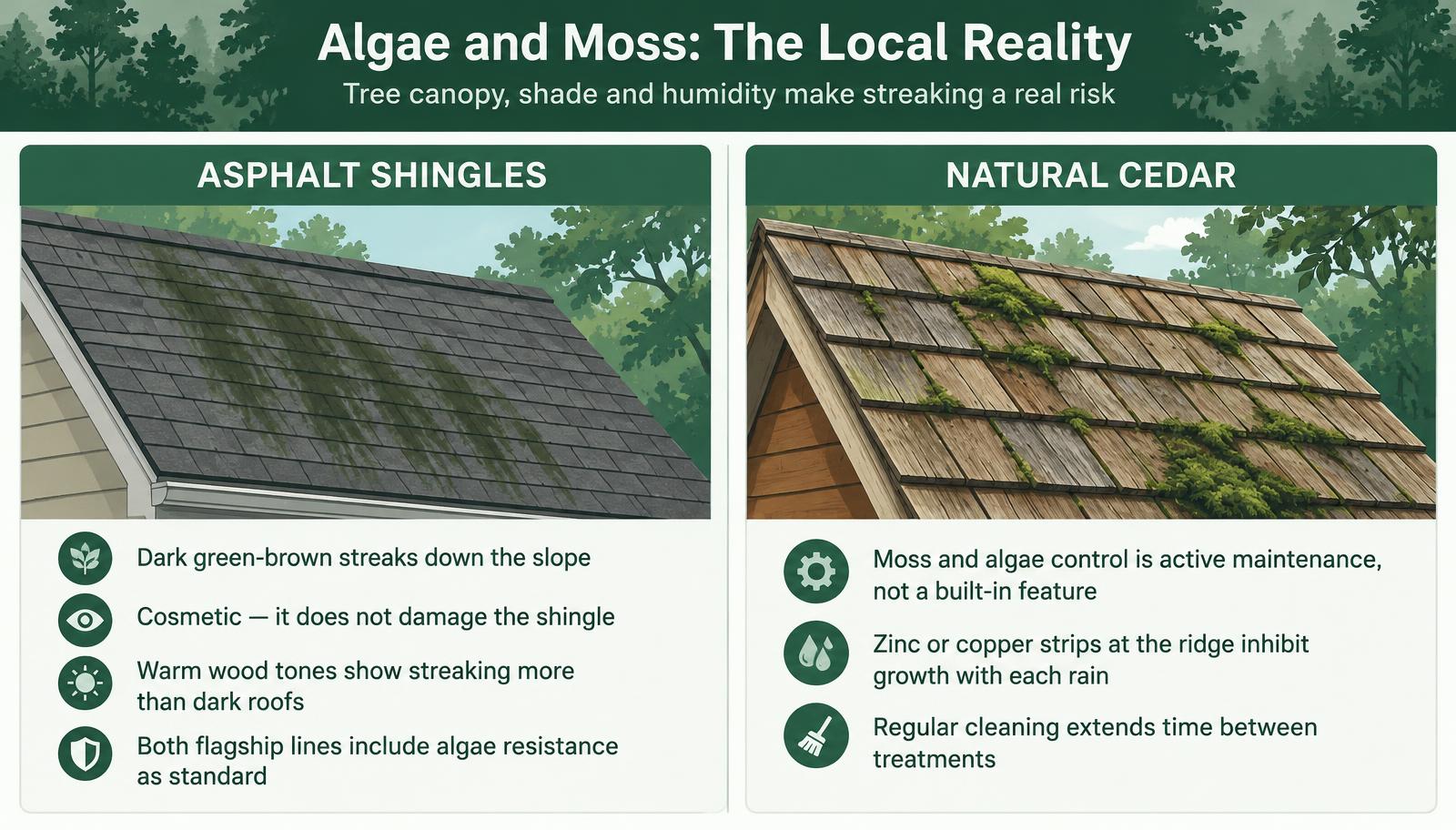 Algae and moss growth on asphalt shingles — Main Line PA wooded roof conditions